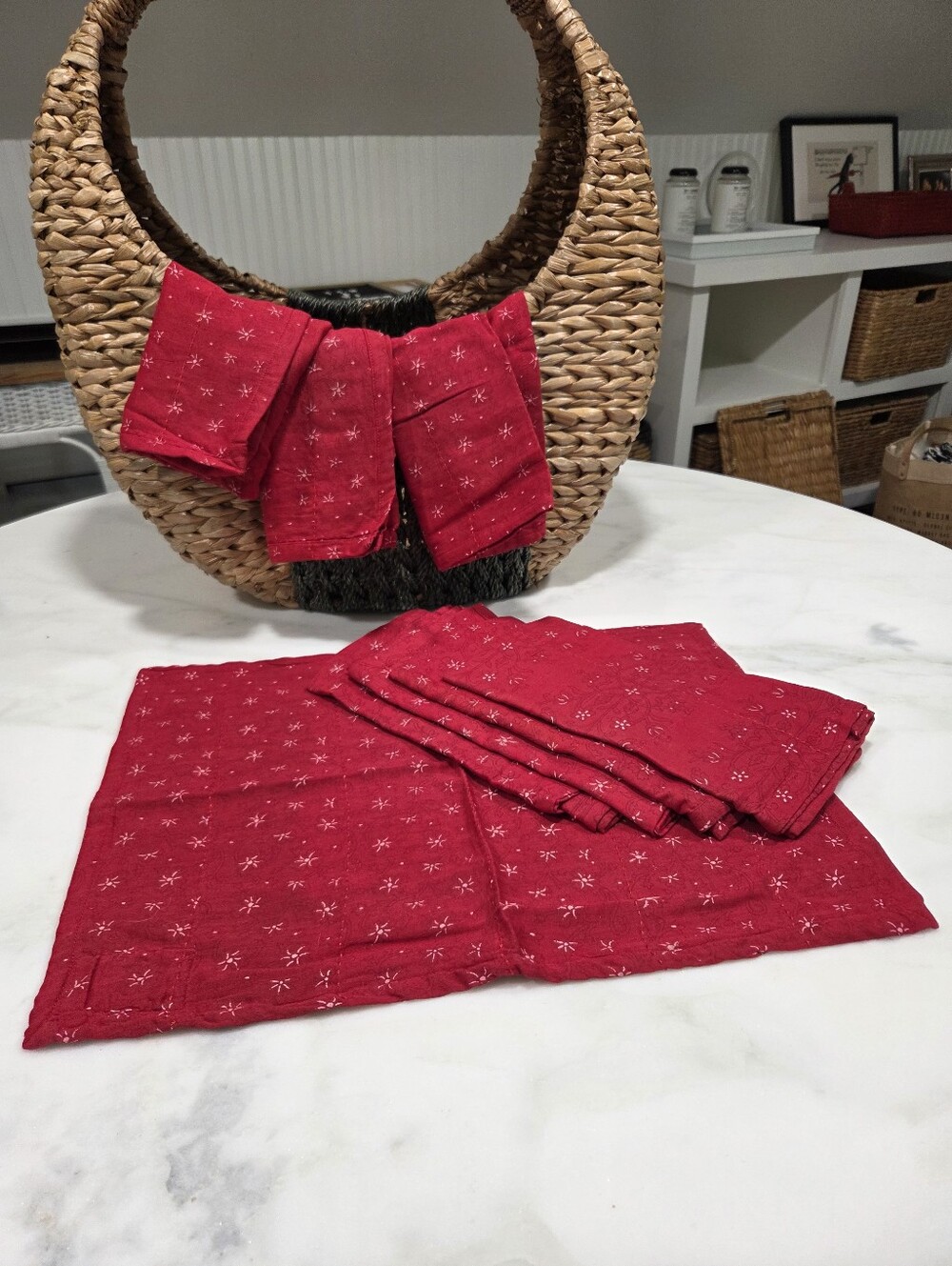 Handsewn Overdyed Artisan  Napkin & Placemat Set, 4 Ct, Red Print
